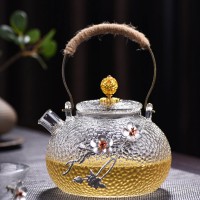 铜把锡花提梁壶 锤纹煮茶壶耐高温日式玻璃烧水壶电陶炉煮茶器